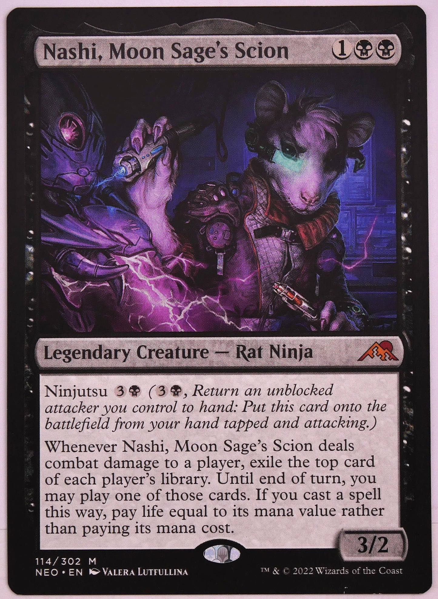 Nashi, Moon Sage's Scion NEO 114 MTG legendary Rat Ninja from Kamigawa Neon Dynasty featuring Ninjutsu and card advantage | DM Vault Co