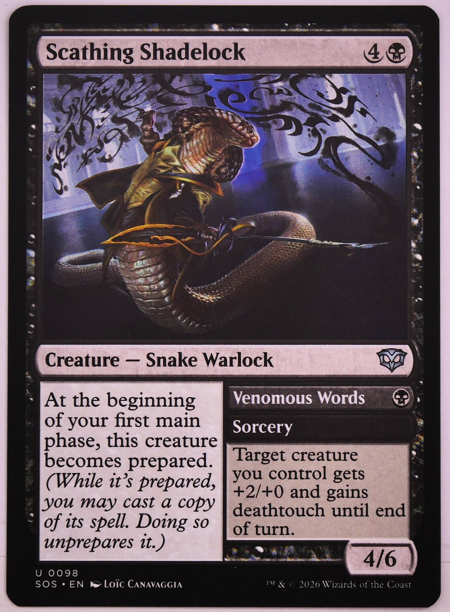 Scathing Shadelock SOS 98 MTG Snake Warlock card featuring deathtouch combat synergies from Sins of the Archon | DM Vault Co