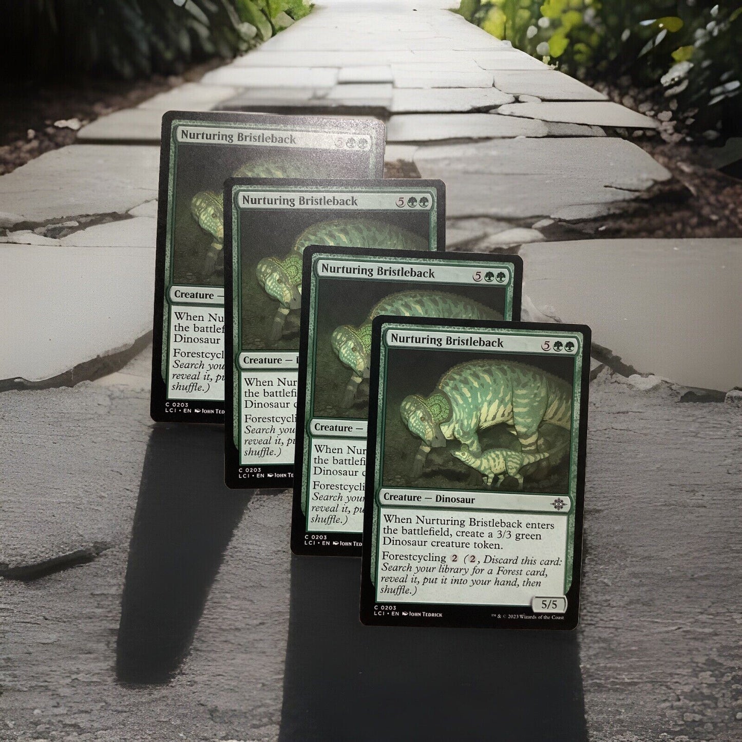 Nurturing Bristleback LCI 0203 Magic the Gathering Dinosaur creature card playset of four.