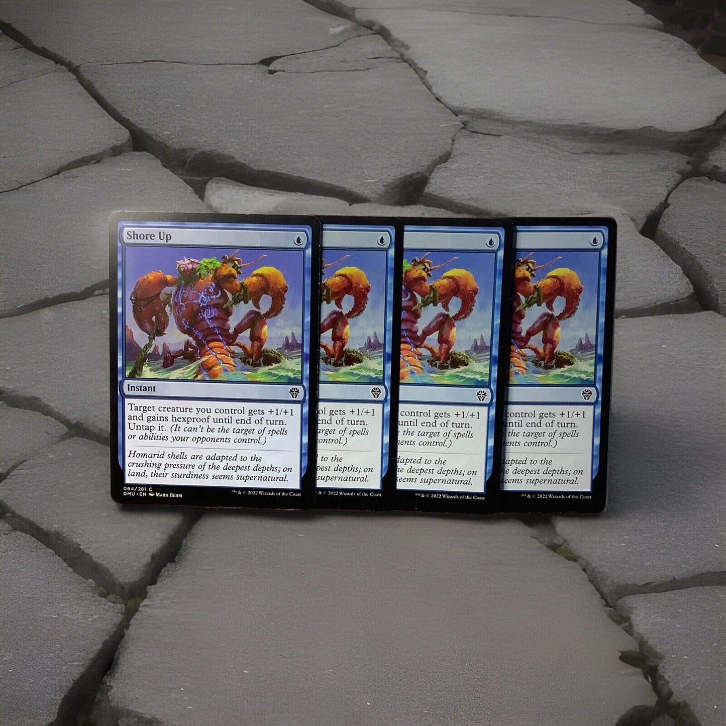 Four Shore Up instant cards from Dominaria United Magic the Gathering set displayed side by side