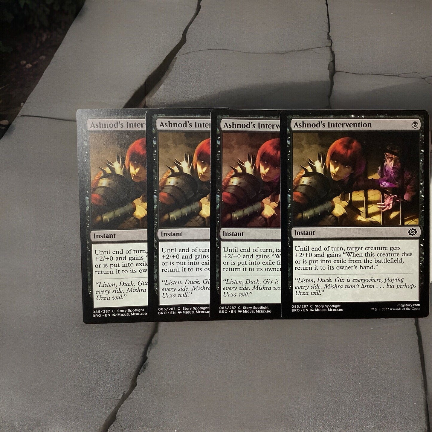 Four copies of Ashnod’s Intervention instant card from MTG The Brothers’ War