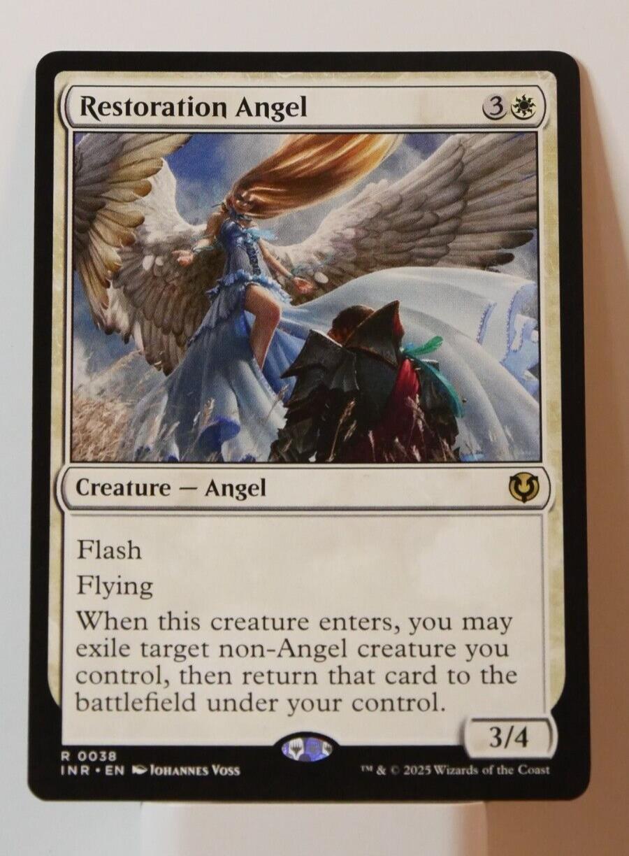 Restoration Angel MTG card showing an Angel with wings; Innistrad Remastered INR 0038 rare.