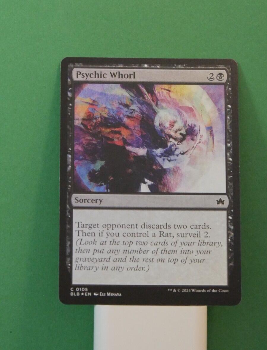 Bloomburrow Psychic Whorl #105 foil featuring hand disruption, surveil value, and Rat tribal synergies.