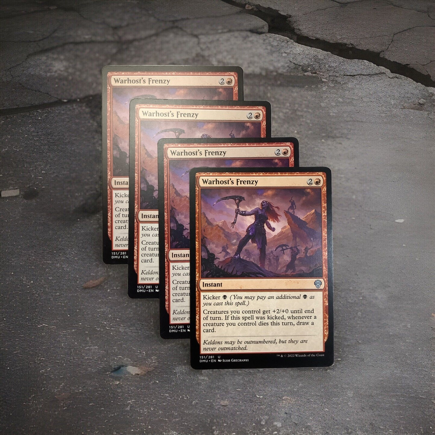 Four Warhost’s Frenzy MTG cards (DMU 151/281) Dominaria United uncommon instant