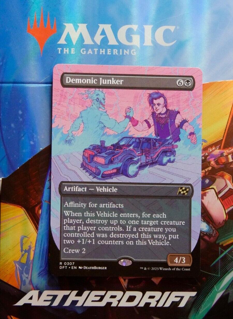 Demonic Junker DFT 307 extended art MTG artifact vehicle from the Aetherdrift set.
