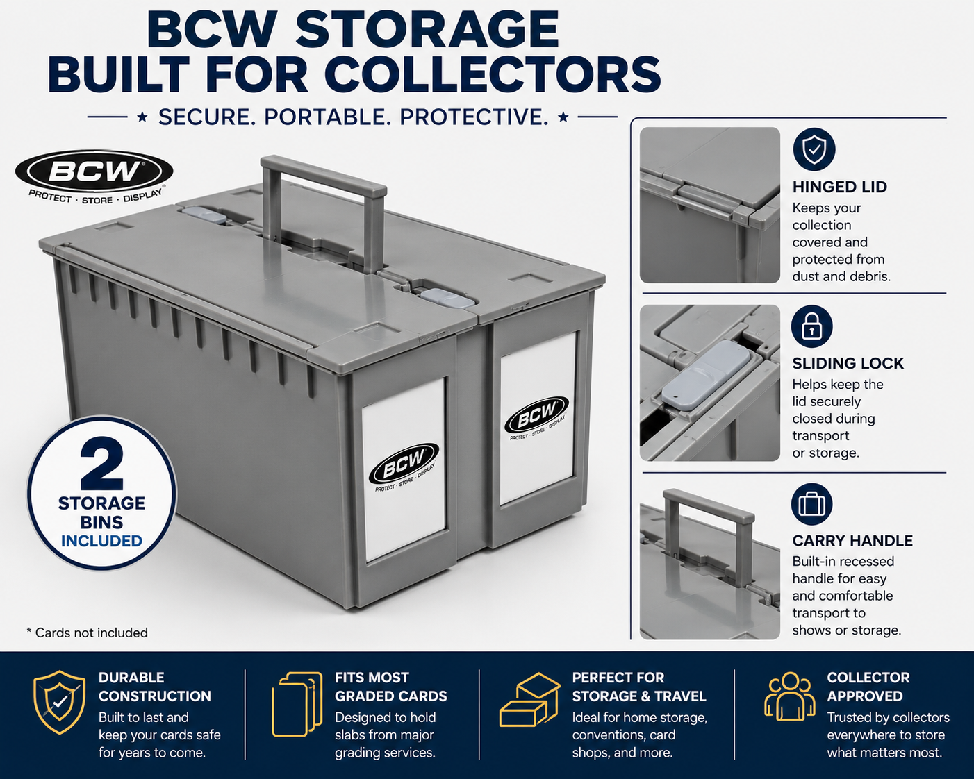 BCW 2-Pack Graded Card Storage Bins 2-Row Gray PSA BGS SGC CGC Slab Holder
