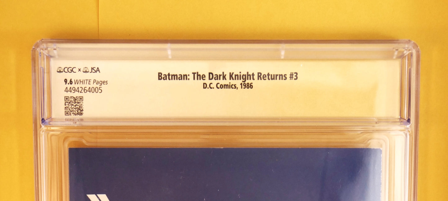 Dual-signed by Frank Miller and Lynn Varley, this CGC 9.6 gold label copy of Batman: The Dark Knight Returns #3 (1986) features the “Death of the Joker” and stands as a true modern Batman masterpiece.