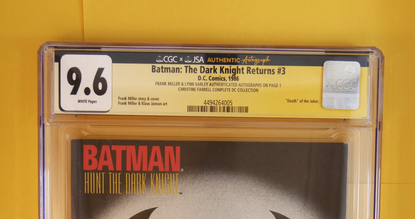 Dual-signed by Frank Miller and Lynn Varley, this CGC 9.6 gold label copy of Batman: The Dark Knight Returns #3 (1986) features the “Death of the Joker” and stands as a true modern Batman masterpiece.