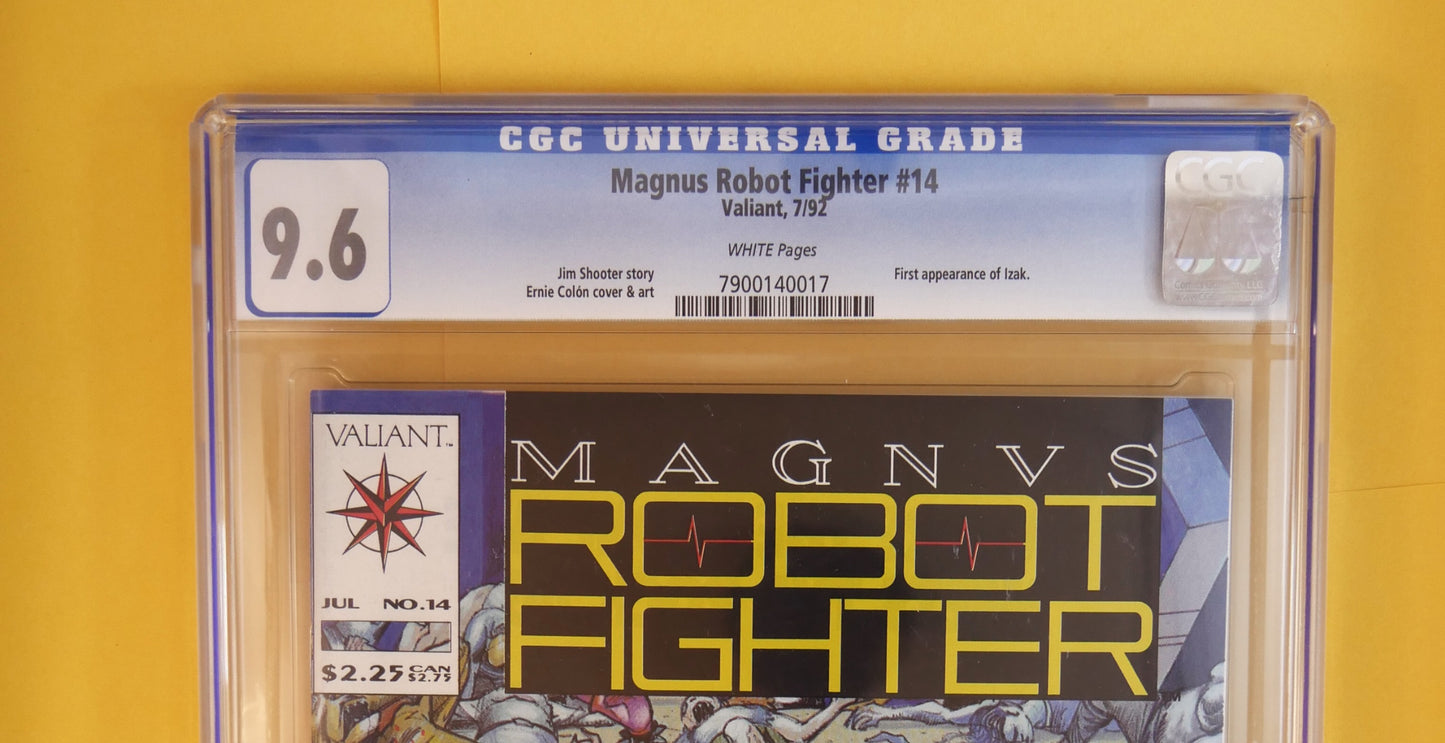 Magnus Robot Fighter #14 (1992) CGC 9.6: High-grade CGC 9.6 copy featuring the first appearance of Tzak — a sharp, display-ready Valiant key with white pages, vibrant colors, and classic Jim Shooter storytelling.