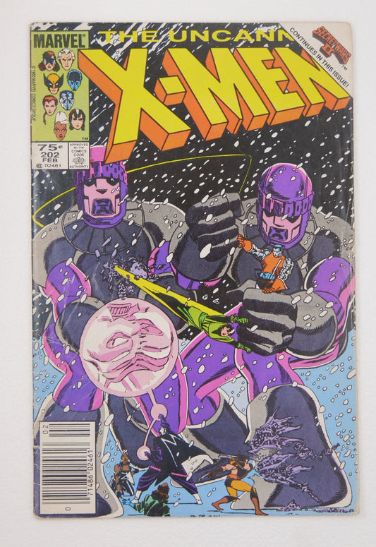 The Uncanny X-Men #202 (1986) Newsstand Variant cover with Sentinels attacking the X-Men
