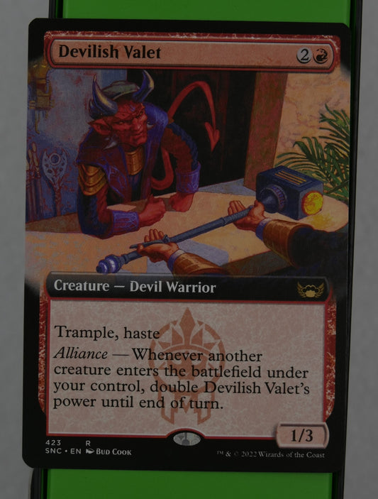 Devilish Valet Magic: The Gathering card, Streets of New Capenna extended art rare.

