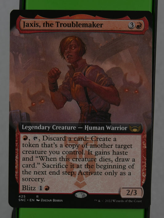 Jaxis, the Troublemaker Magic: The Gathering card, Streets of New Capenna extended art rare.
