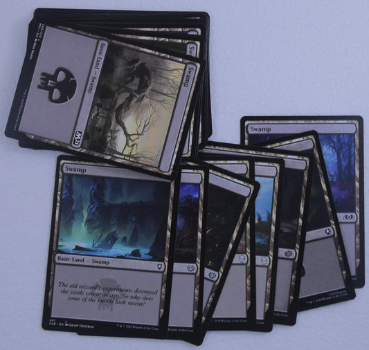 30 basic Swamp land cards for Magic: The Gathering. Mixed artwork and sets. Ideal for Commander decks, casual play, drafts, and land refills from DM Vault Co.

