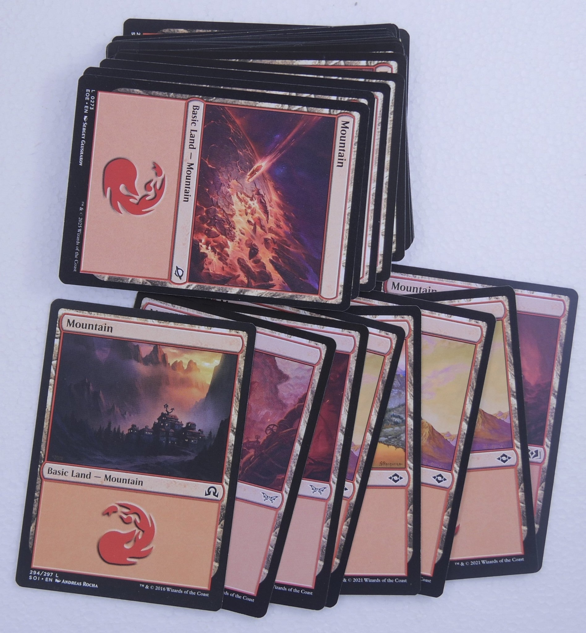 30 Magic the Gathering Basic Mountain land cards with mixed artwork