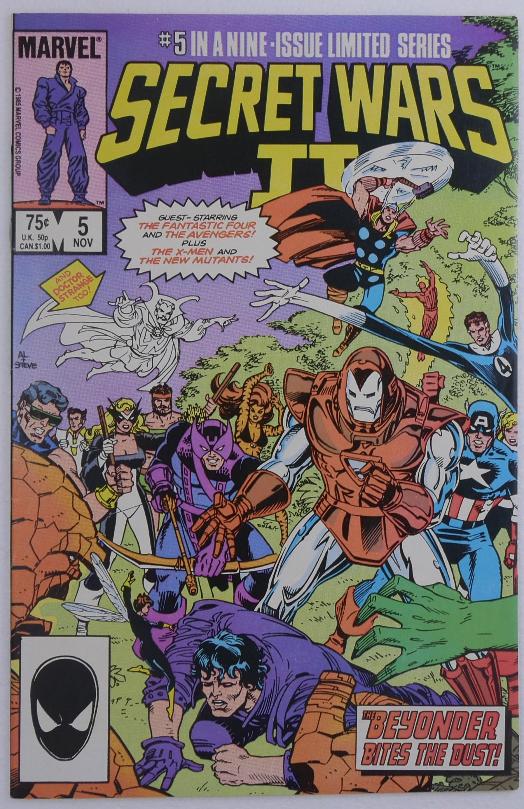Secret Wars II #5 cover featuring Marvel heroes and the Beyonder published by Marvel Comics