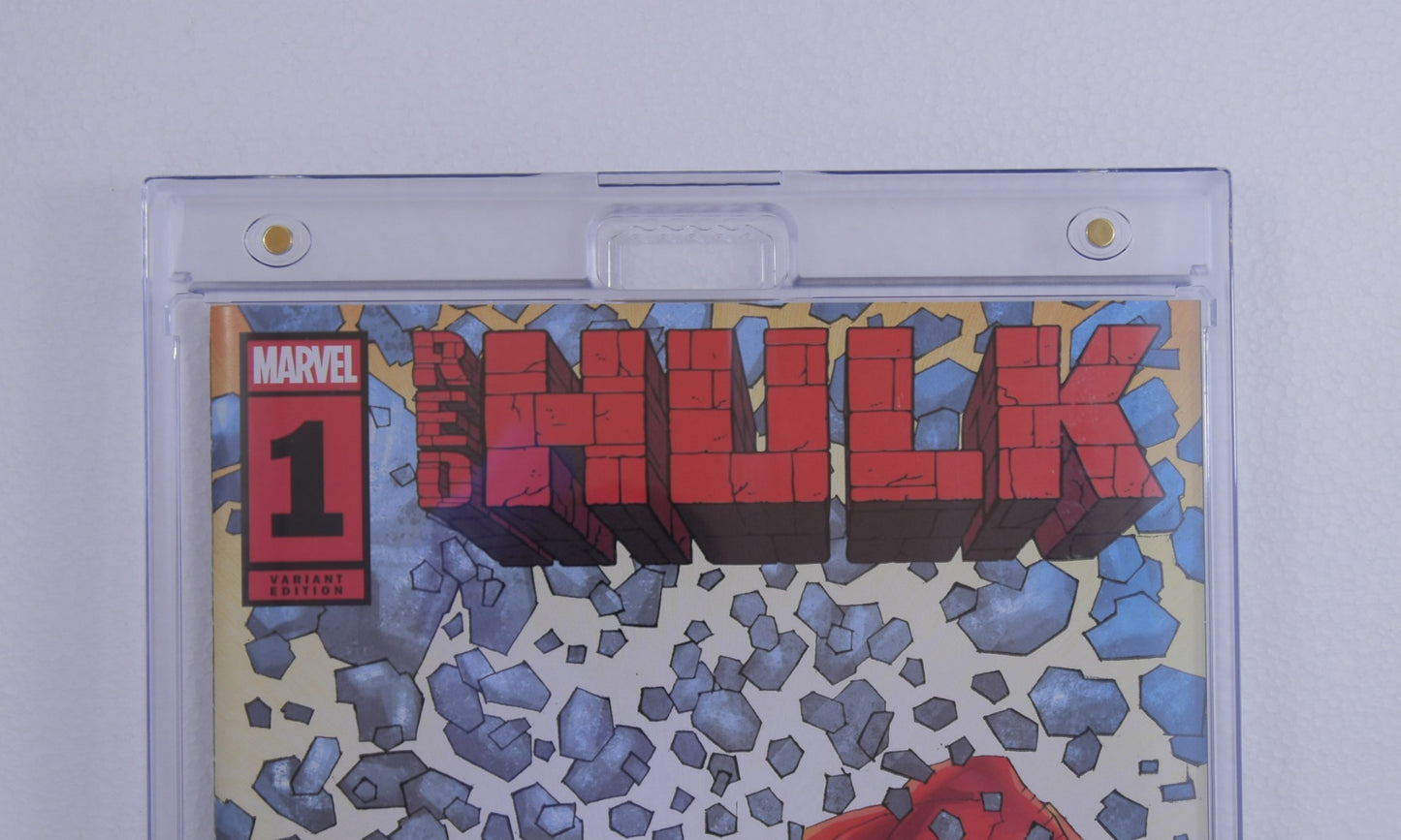 Angled view of BCW magnetic comic book holder with comic inside for display