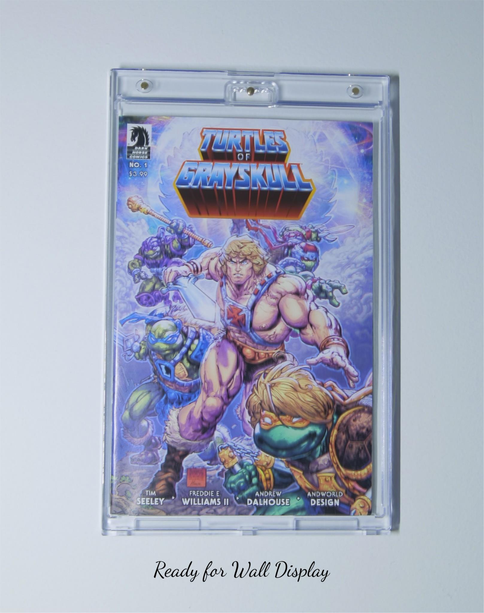 BCW magnetic comic book holder mounted on a wall using built-in hanger