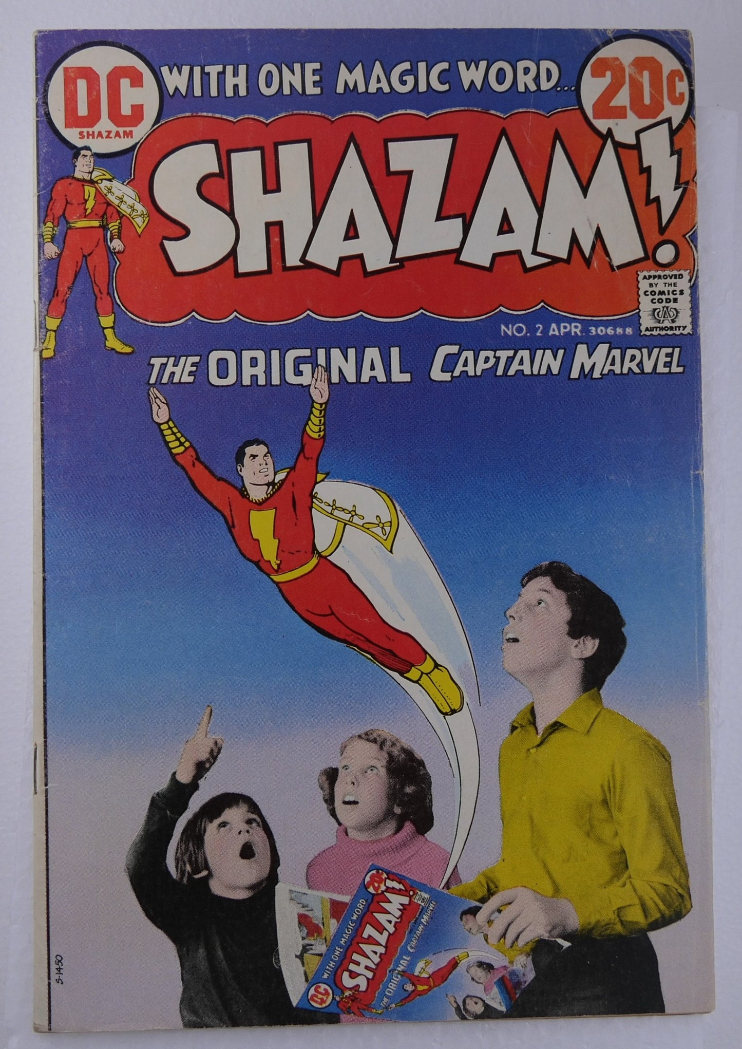 Shazam! #2 DC Comics 1973 cover featuring Captain Marvel flying above children