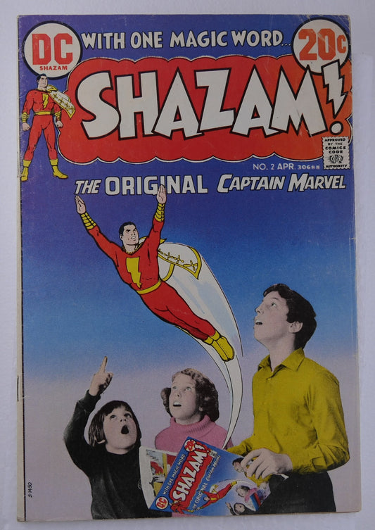 Shazam! #2 DC Comics 1973 cover featuring Captain Marvel flying above children