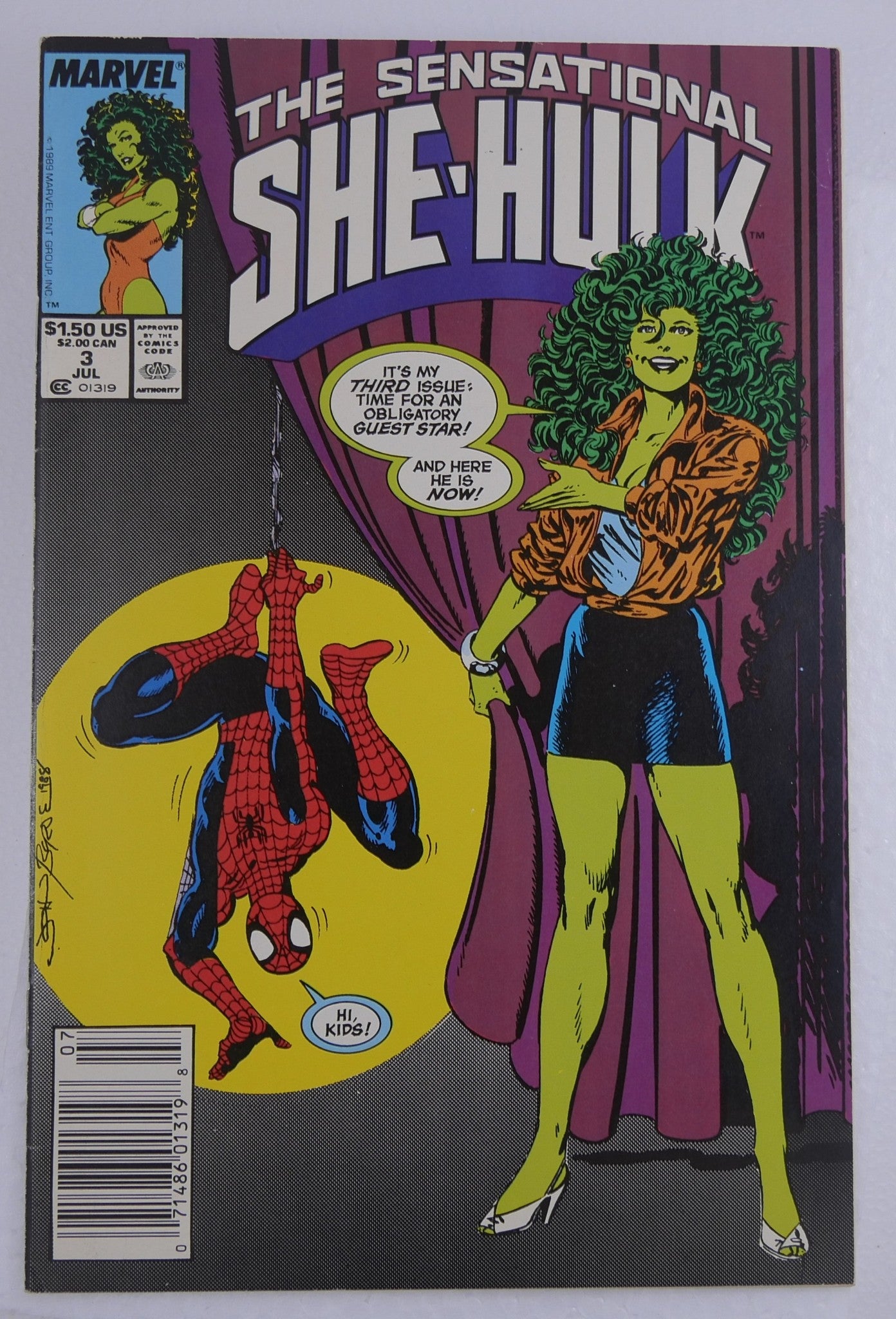 The Sensational She-Hulk #3 Marvel Comics 1989 front cover featuring She-Hulk and Spider-Man cameo