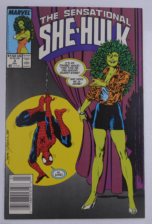 The Sensational She-Hulk #3 Marvel Comics 1989 front cover featuring She-Hulk and Spider-Man cameo