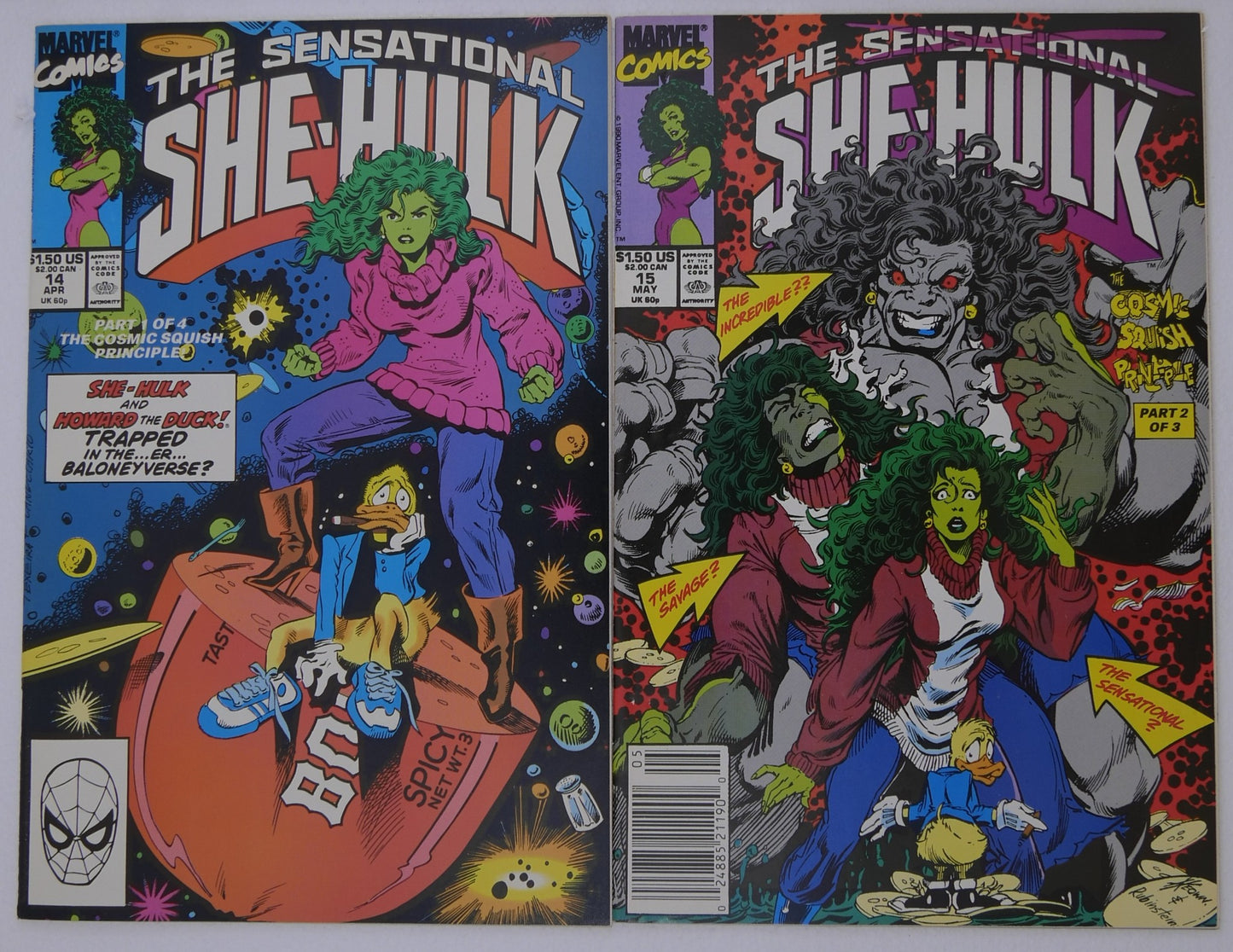 The Sensational She-Hulk issues 14 and 15 comic book covers featuring Howard the Duck and Cosmic Squish storyline