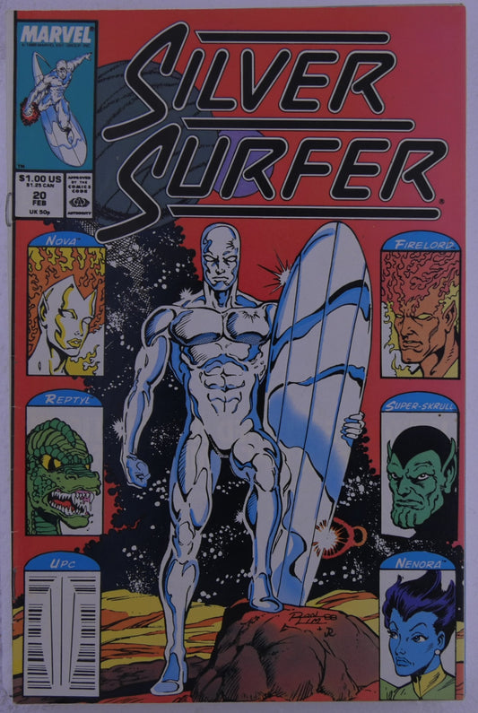 Silver Surfer #20 Marvel cover with Silver Surfer holding a surfboard on a red background, with character portrait boxes labeled Nova, Firelord, Reptyl, Super-Skrull, and Nenora.
