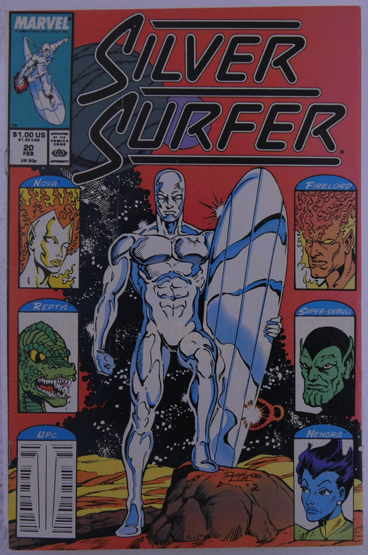 Silver Surfer #20 Marvel cover with Silver Surfer holding a surfboard on a red background, with character portrait boxes labeled Nova, Firelord, Reptyl, Super-Skrull, and Nenora.
