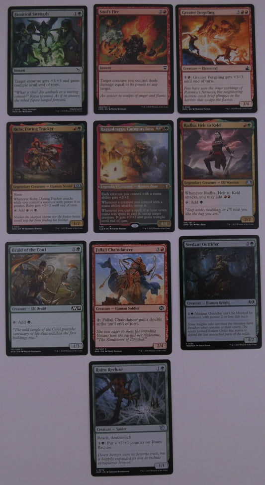 MTG Commander starter pack featuring Raggadragga, Goreguts Boss with 15-card bundle including 10 playables and 5 lands
