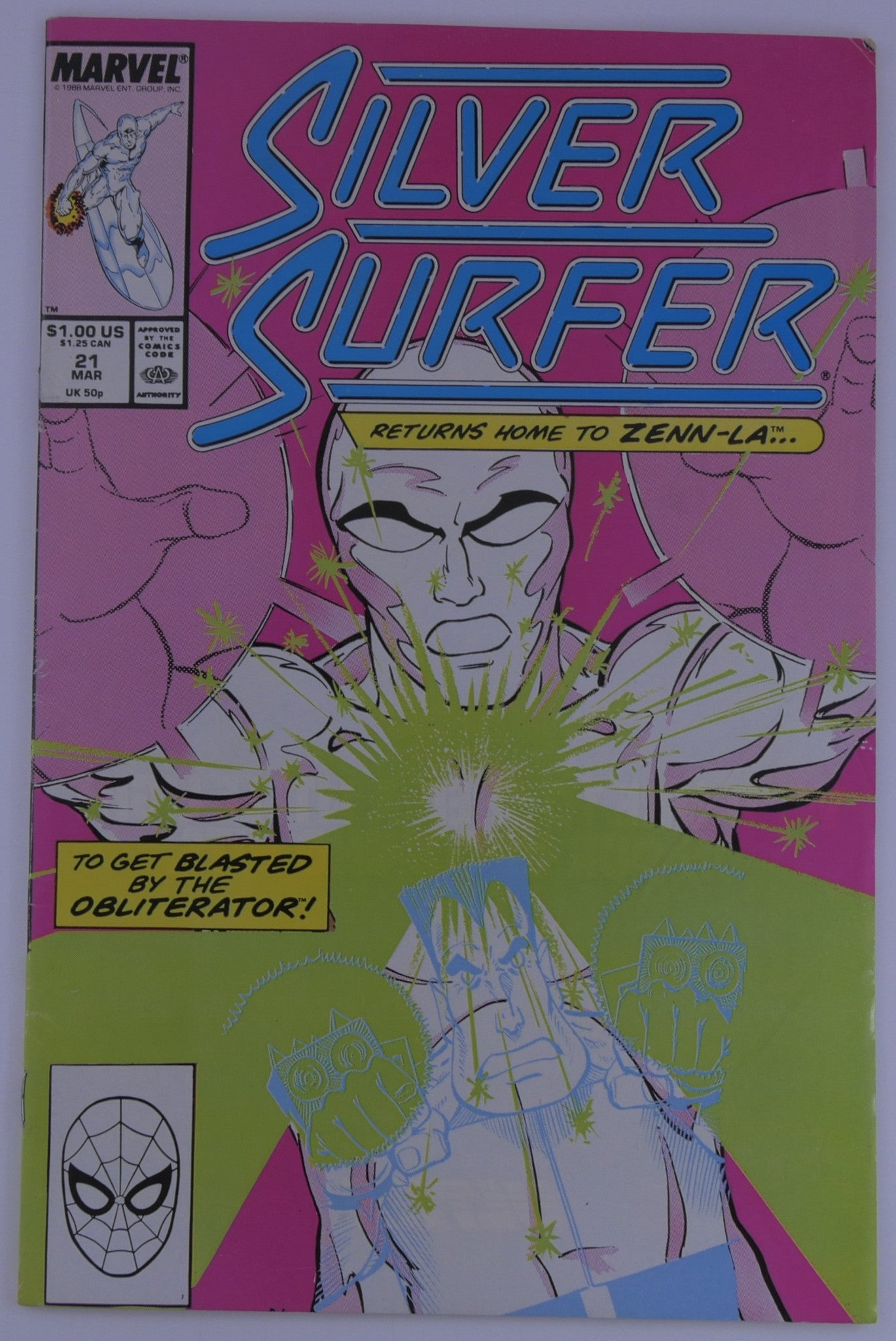 Silver Surfer #21 Marvel cover with Silver Surfer on a pink background, text reading returns home to Zenn-La and to get blasted by the Obliterator, with green energy burst across the lower half.

