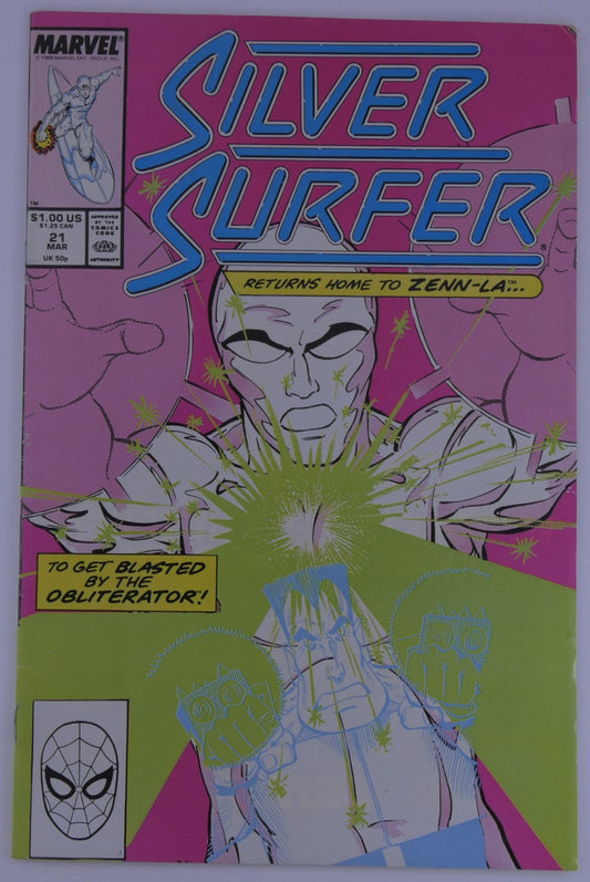 Silver Surfer #21 Marvel cover with Silver Surfer on a pink background, text reading returns home to Zenn-La and to get blasted by the Obliterator, with green energy burst across the lower half.
