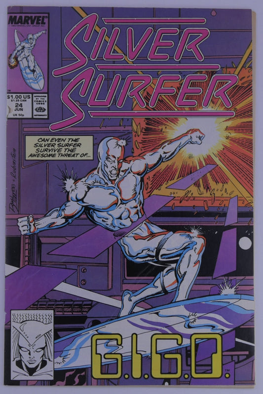 Silver Surfer #24 Marvel cover showing Silver Surfer dodging explosions inside a futuristic structure with large text G.I.G.O. at the bottom.
