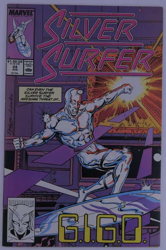 Silver Surfer #24 Marvel cover showing Silver Surfer dodging explosions inside a futuristic structure with large text G.I.G.O. at the bottom.
