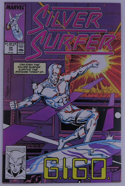 Silver Surfer #24 Marvel cover showing Silver Surfer dodging explosions inside a futuristic structure with large text G.I.G.O. at the bottom.
