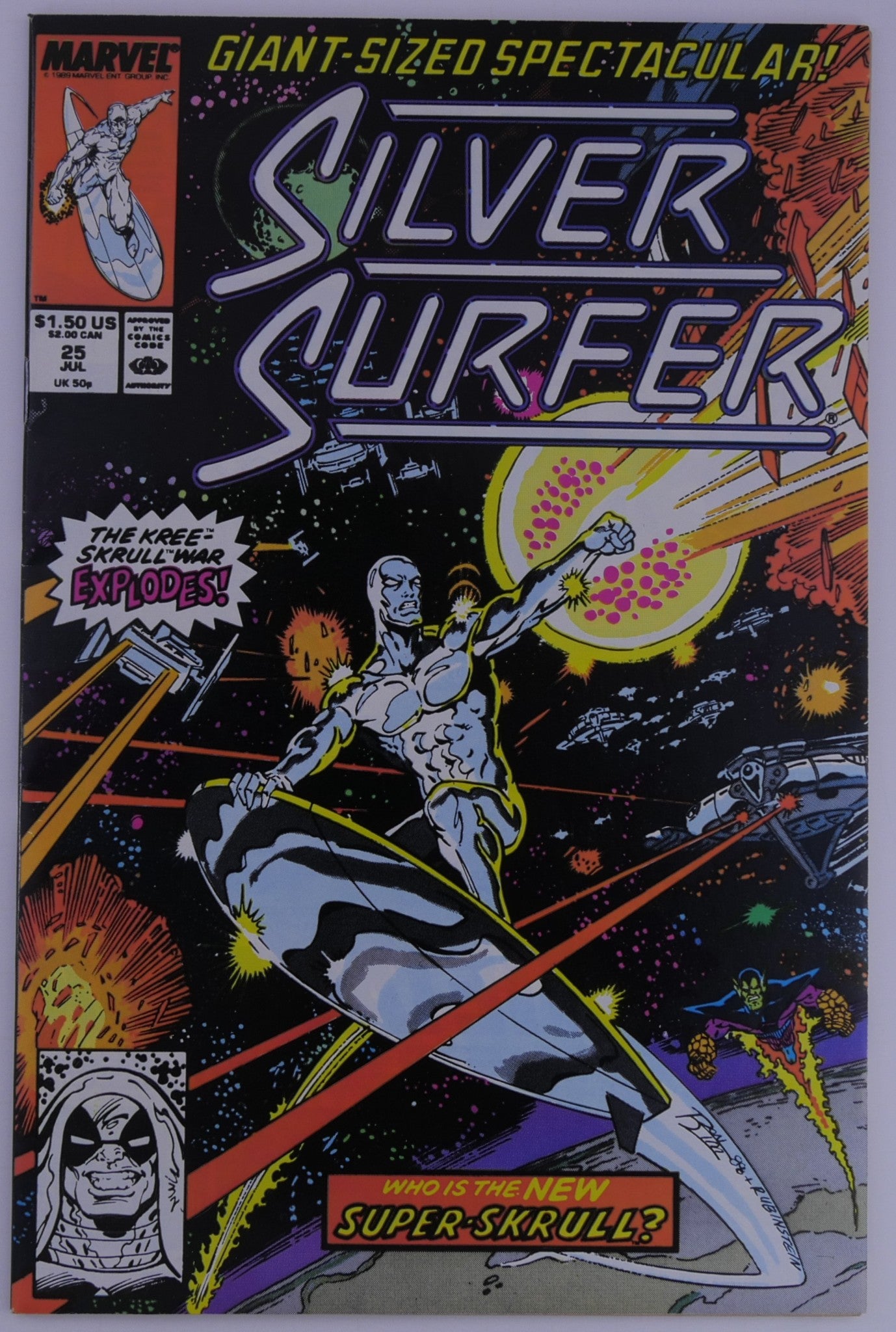 Silver Surfer #25 Marvel cover reading Giant-Sized Spectacular with Silver Surfer in space amid ships and explosions, text saying the Kree-Skrull war explodes and who is the new Super-Skrull.
