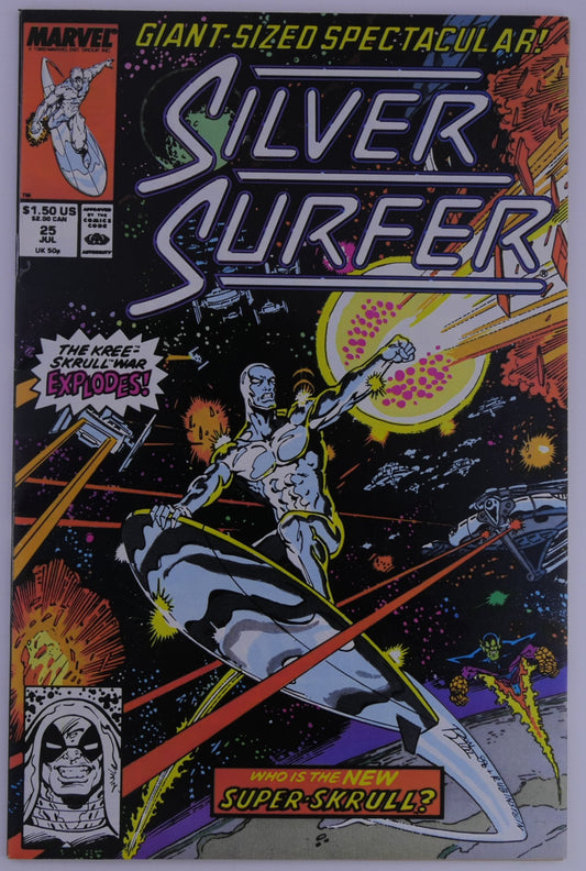 Silver Surfer #25 Marvel cover reading Giant-Sized Spectacular with Silver Surfer in space amid ships and explosions, text saying the Kree-Skrull war explodes and who is the new Super-Skrull.
