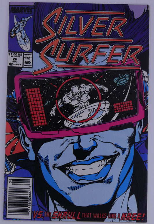 Silver Surfer #26 Marvel cover showing a large face wearing visor goggles with Silver Surfer seen in a target reticle, text reading vs the Skrull that walks like a Kree.
