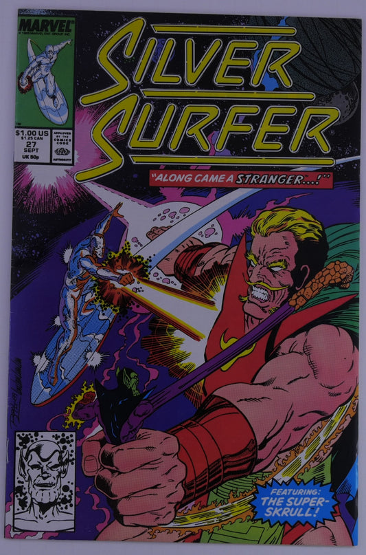 Silver Surfer #27 Marvel cover showing Silver Surfer firing an energy blast at a muscular blond man in space, with text reading Along Came a Stranger and featuring the Super-Skrull.
