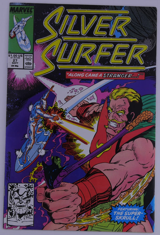 Silver Surfer #27 Marvel cover showing Silver Surfer firing an energy blast at a muscular blond man in space, with text reading Along Came a Stranger and featuring the Super-Skrull.
