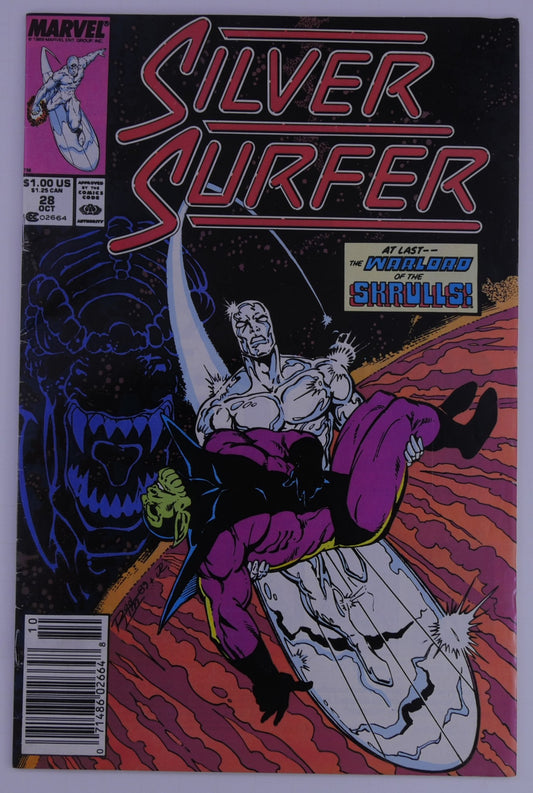 Front cover of Silver Surfer #28 (Marvel, Oct 1989) showing Silver Surfer carrying a purple Skrull warrior through space with the text “At last—the Warlord of the Skrulls!”