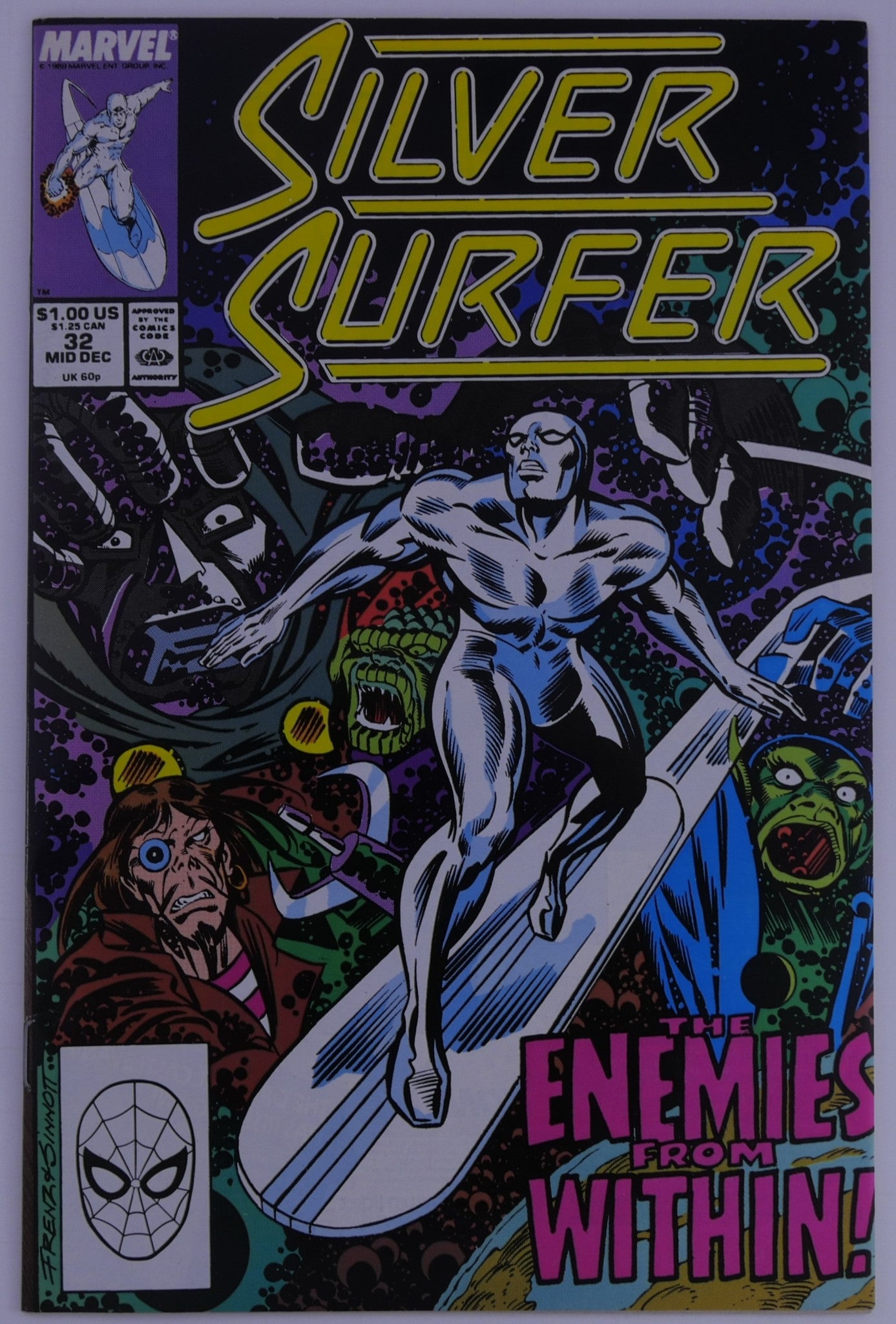 Front cover of Silver Surfer #32 (Marvel, Dec 1989) showing the Silver Surfer on his board surrounded by menacing faces with the text “The Enemies From Within!”
