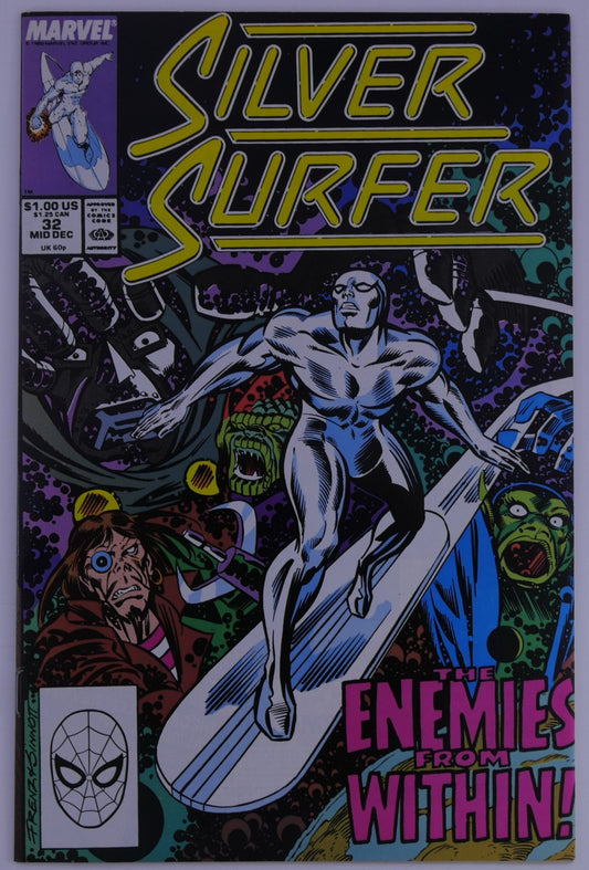 Front cover of Silver Surfer #32 (Marvel, Dec 1989) showing the Silver Surfer on his board surrounded by menacing faces with the text “The Enemies From Within!”
