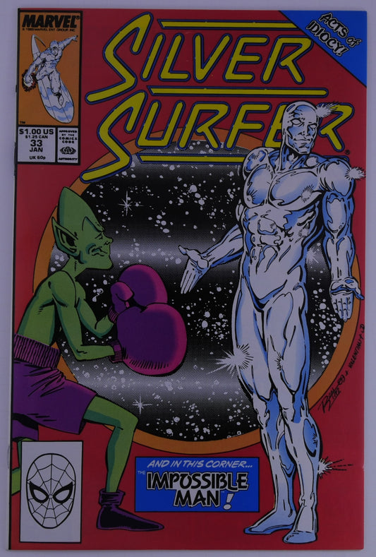 Front cover of Silver Surfer #33 (Marvel, Jan 1990) showing Silver Surfer facing the green Impossible Man wearing boxing gloves with the text “Acts of Idiocy!” and “The Impossible Man!”
