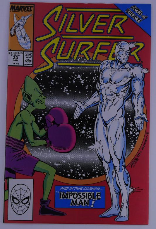 Front cover of Silver Surfer #33 (Marvel, Jan 1990) showing Silver Surfer facing the green Impossible Man wearing boxing gloves with the text “Acts of Idiocy!” and “The Impossible Man!”
