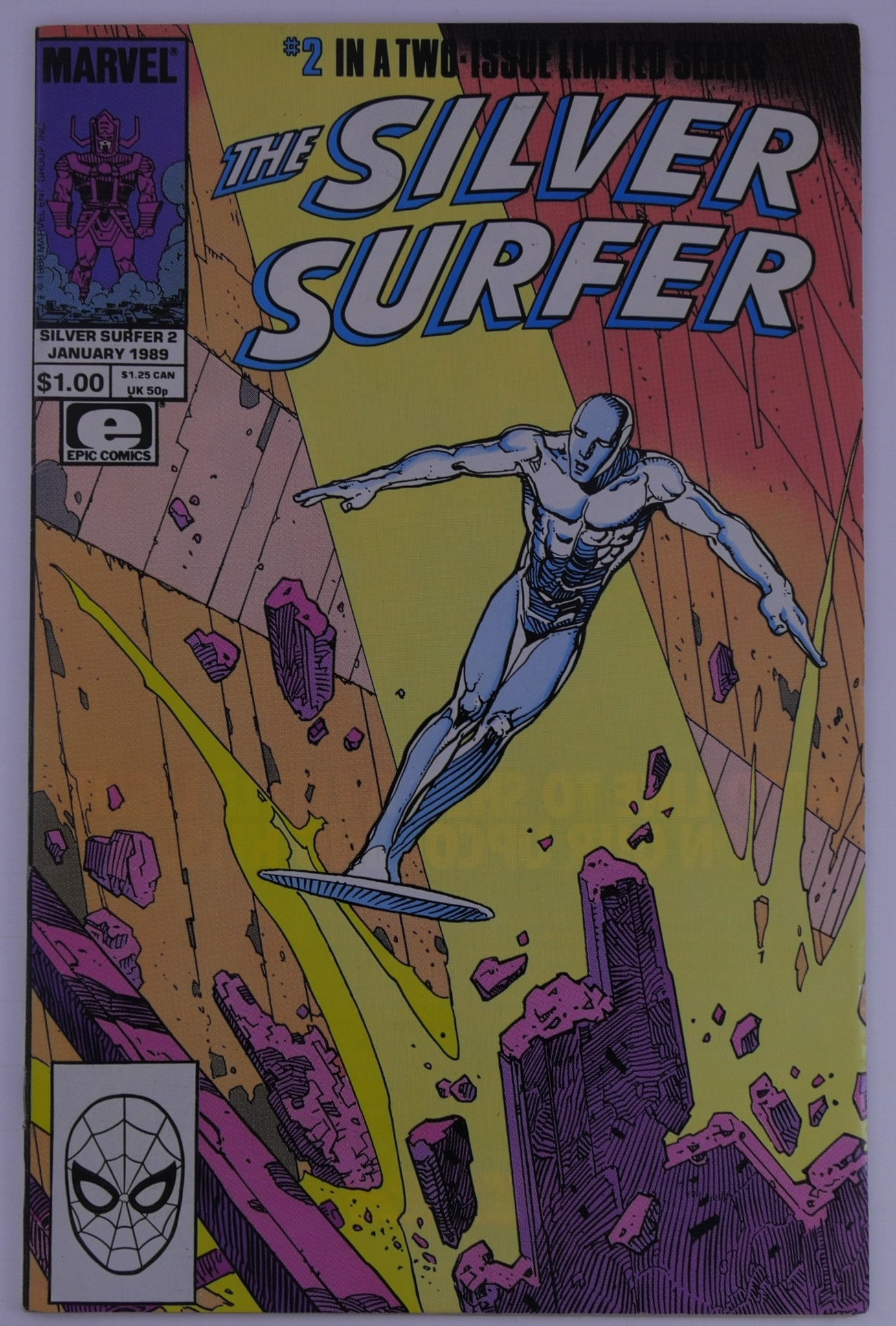 Front cover of The Silver Surfer: Parable #2 (Epic/Marvel, Jan 1989) showing Silver Surfer flying through debris with a Galactus corner box and Epic Comics logo.
