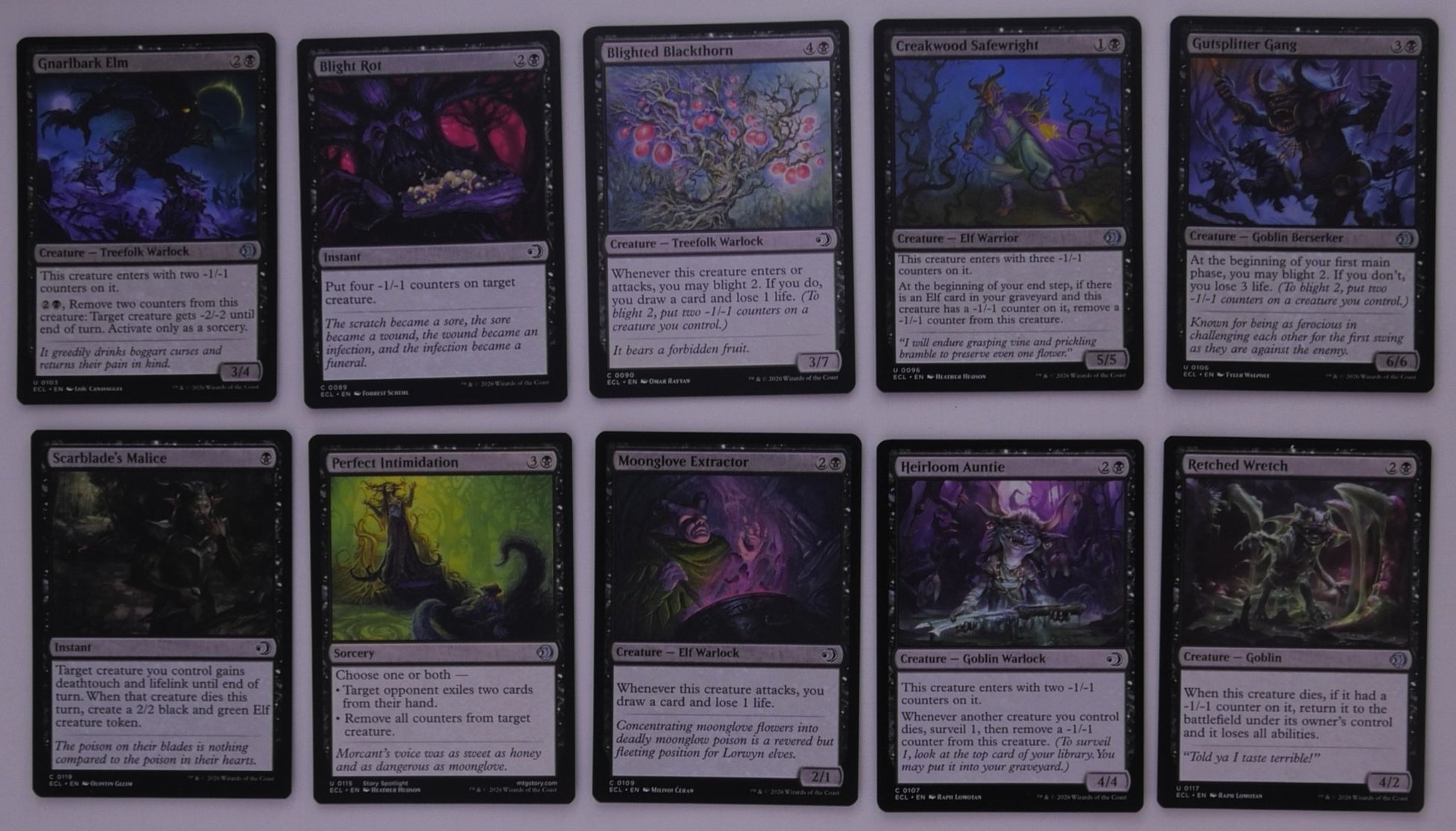 10-card MTG Lorwyn Wither –1/–1 counters black control pack grid (exact cards shown)