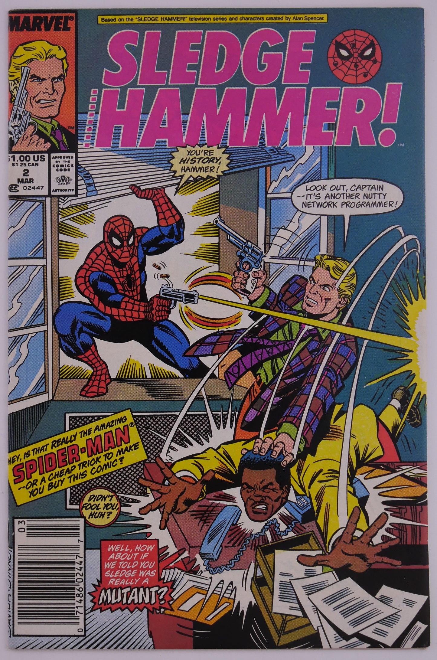 Sledge Hammer #2 Marvel Comics cover featuring Spider-Man with Sledge Hammer action scene (Direct Edition)