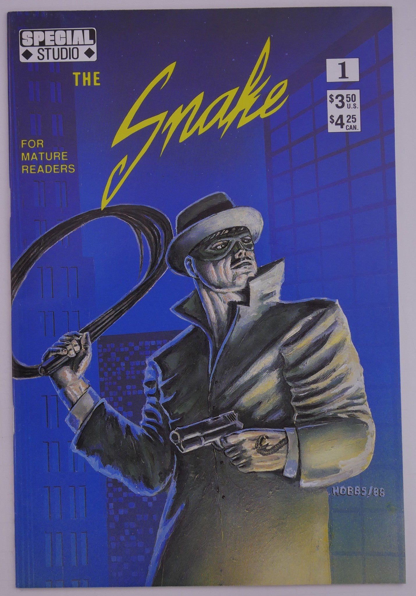 The Snake #1 Special Studio comic cover featuring noir vigilante with whip and pistol in blue cityscape (1988)