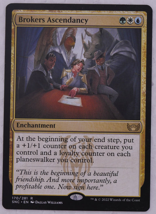 Brokers Ascendancy MTG SNC 170 regular rare enchantment card artwork from Streets of New Capenna by DM Vault Co