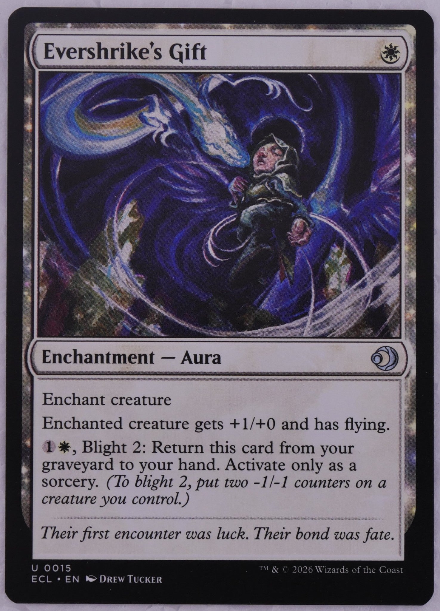 Evershrike’s Gift ECL 0015 MTG Aura card, regular finish non-foil, flying and graveyard recursion — DM Vault Co